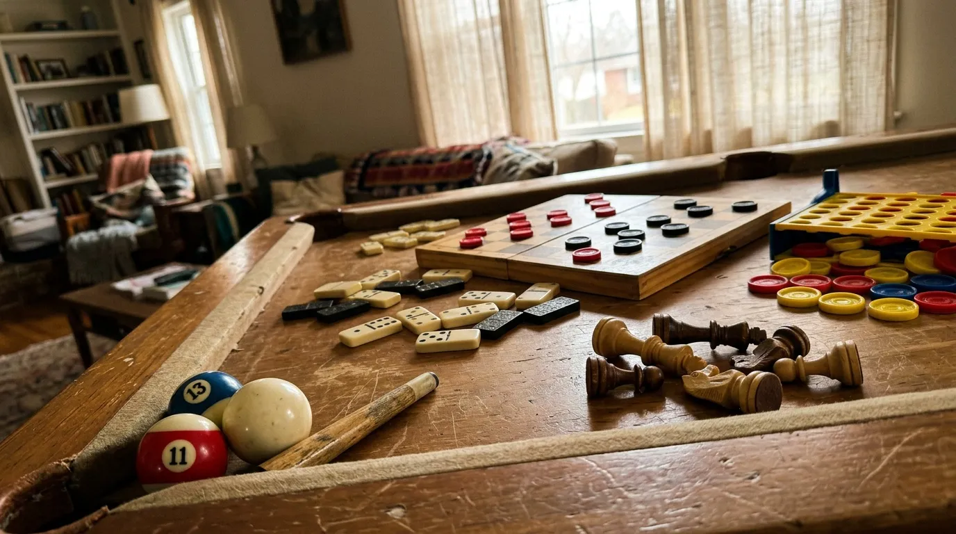 Table avec jeux anciens: échecs, dominos, billard, dames.