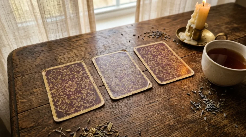 Trois cartes de tarot face cachée sur table en bois avec thé